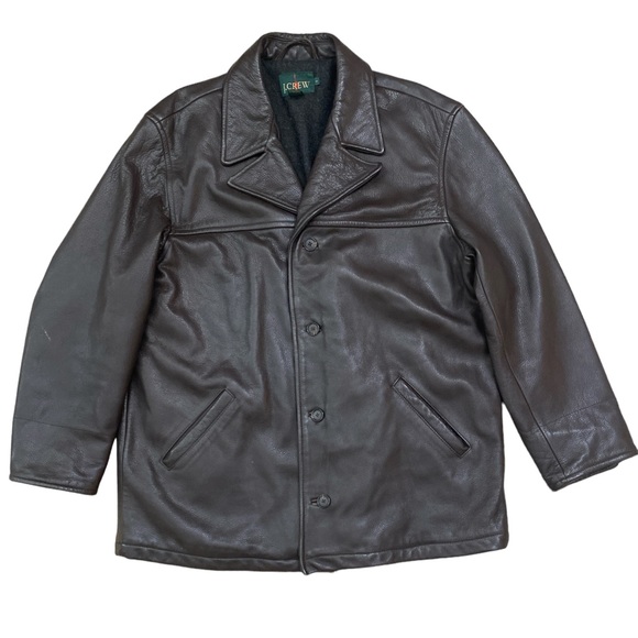 Vintage 90s Normcore J.Crew Brown Heavy Leather wool lined coat - Picture 1 of 8